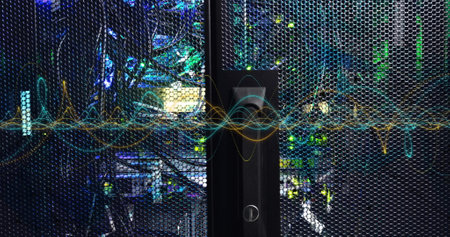 Image of digital data processing over computer servers. Global connections, computing and data...