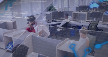 Business growth chart image over diverse employees working in modern office. teamwork,...