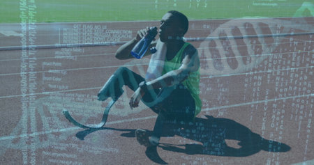 DNA strand and binary coding image over athlete resting on track. Genetics, biotechnology, sports,...