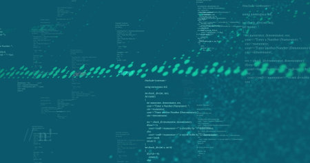 Computer code and binary data processing image over teal background. Technology, coding,...