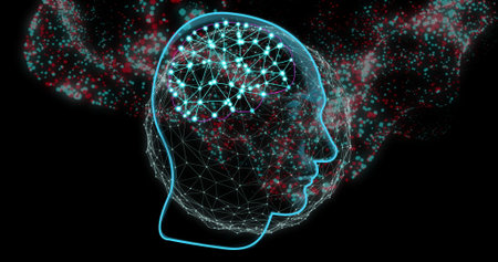 Image of human head with connections over black background. Global artificial intelligence,...