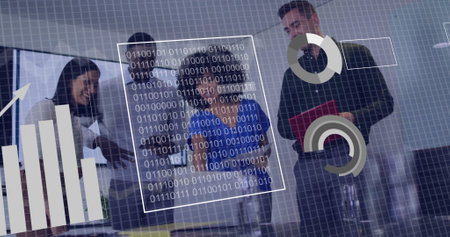 Business team collaborating with data charts and binary code image. teamwork, collaboration, data analysis, technology, digital, marketingの写真素材