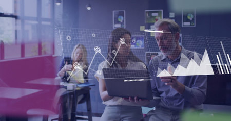 Image of data processing over diverse business people using laptop. Global business, technology and...