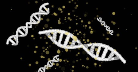 Image of dna strands over moving spots. Technology, science and digital interface concept digitally generated image.の写真素材