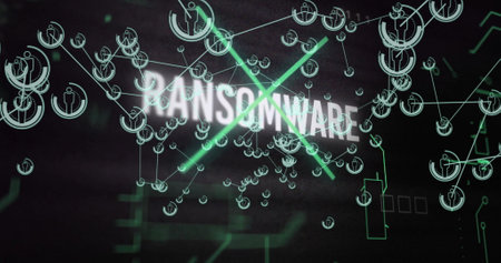 Ransomware text image over interconnected digital network and data symbols. Cybersecurity,...