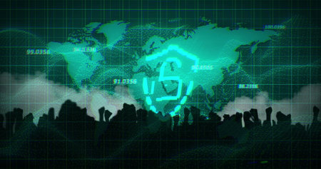 Cybersecurity shield image over world map and crowd of people. technology, protection, data, global,...
