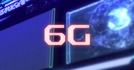 6G text image over futuristic data charts and graphs. Technology, innovation, connectivity, digital,...