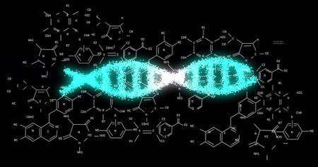 DNA strand image over chemical structures and molecular formulas. Genetics, biotechnology, molecular...