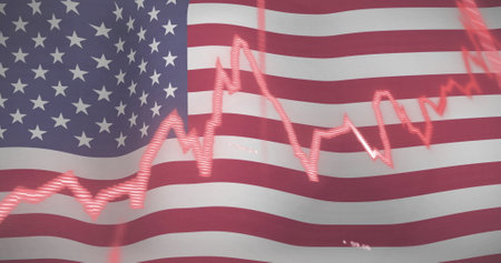 Stock market graph fluctuating over American flag image. Finance, investment, USA, stock exchange,...