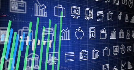Financial data charts and graphs image over various business icons on blue background. Finance,...