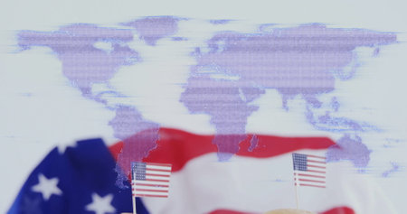 World map image over American flag and burgers with small USA flags. Patriotism, celebration,...