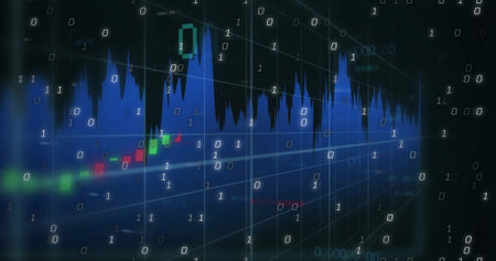 Binary code and financial chart image over stock market data. Finance, technology, investment, trading, analytics, digitalの写真素材