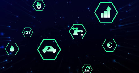 Hexagonal icons representing various technologies and metrics, futuristic image. Technology,...