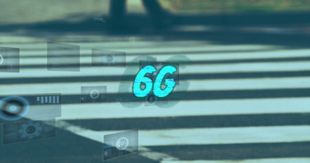 6G technology image over pedestrian crosswalk with digital interface elements. innovation, connectivity, future, wireless, communication, augmented realityの写真素材
