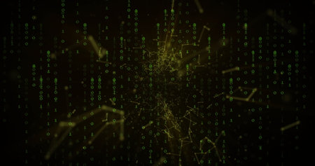 Image of network of connections over binary coding. Science, technology and digital interface...