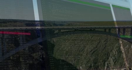 Computer code image over aerial view of bridge and landscape. Technology, coding, digital, software,...
