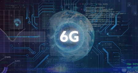 Image of data processing with 6g over globe on black background. Global technology, computing and...