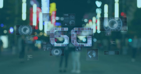 6G technology image over people walking in illuminated city street at night. connectivity,...