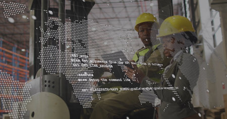 Image of data processing over diverse people working in warehouse. Global shipping, finance,...