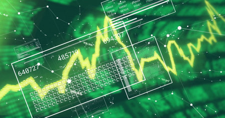 Financial data and stock market analysis image over green background with graphs. Finance,...
