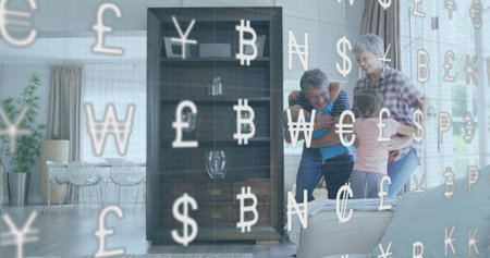 Currency symbols image over family hugging in living room. Finance, money, love, home, togetherness,...