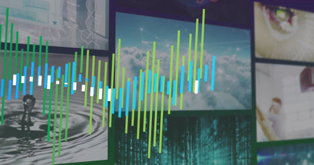 Image of financial data processing over screens. Global connections, computing and data processing...