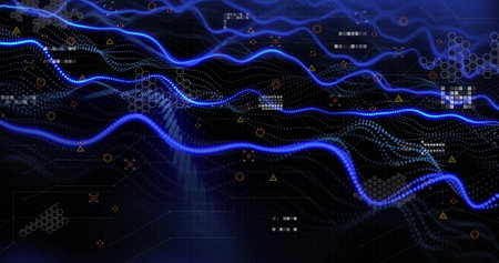 Blue waveforms and data points, image of digital data processing. Technology, futuristic,...