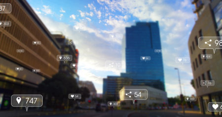 Social media interaction icons image over cityscape with tall buildings. Technology, network,...