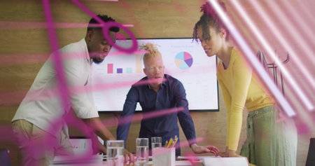 Image of financial data processing over diverse creative business people in office. Global finance,...
