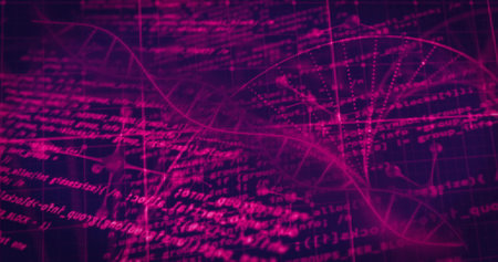 Image of dna strand with molecules over data processing on black background. Global science,...