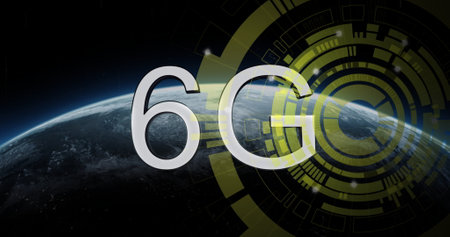 Image of 6g text and data processing over scope scanning. Global connections, computing and data...
