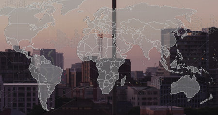 World map and hexagonal patterns image over cityscape at dusk. technology, urban, global, network,...