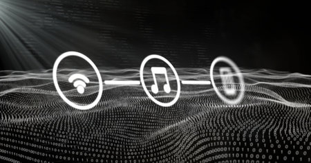 Image of connections with icons and digital data processing. Global connections, computing and data...