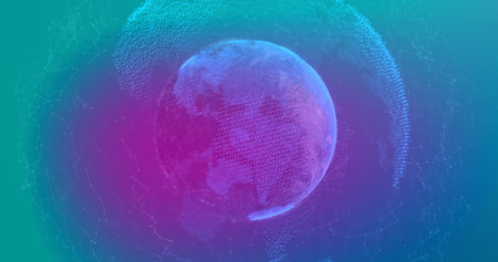 Image of network of connections with globes on blue background. Business, technology and digital...