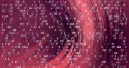 Binary code image over swirling red and purple abstract background. Technology, digital, data, coding, futuristic, computerの写真素材