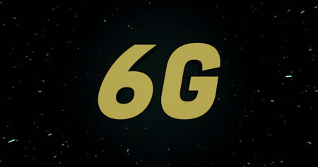 6G text image over starry night sky background. Telecommunications, technology, innovation,...