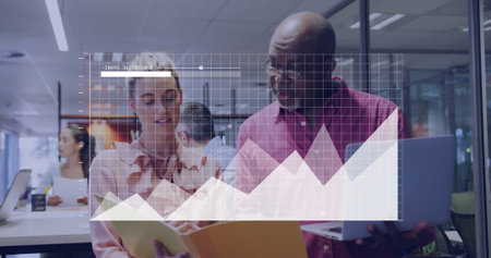 Financial data chart image over diverse business people discussing documents in office. finance,...