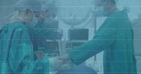 Image of performing surgery, medical professionals in attire with financial data overlay....