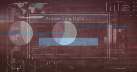 Image of digital interface displaying data processing with graphs and world map overlay. technology,...