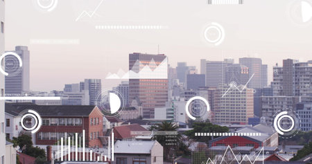 Image of financial data processing over cityscape. Global finance, business, connections, computing and data processing concept digitally generated image.の写真素材