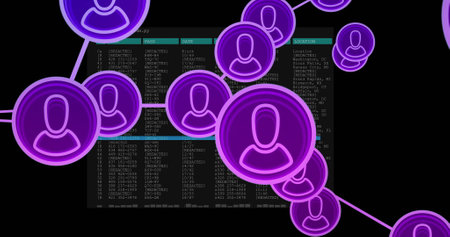 Network of user icons image over computer code and data table. Technology, connectivity, networking,...