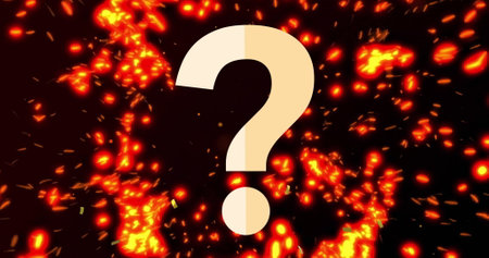Image of confetti and light spots over question mark on black background. Symbols, icons and...