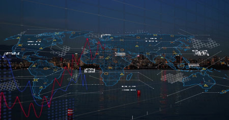 Image of world map with data processing over cityscape. Global business, connections, finances and...