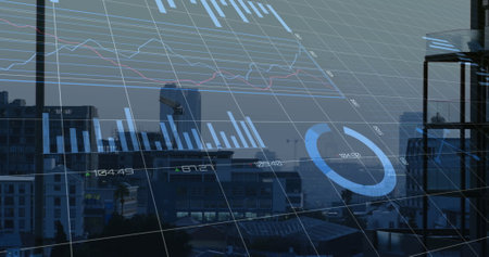 Financial data charts and graphs image over cityscape. Finance, economy, stock market, data...