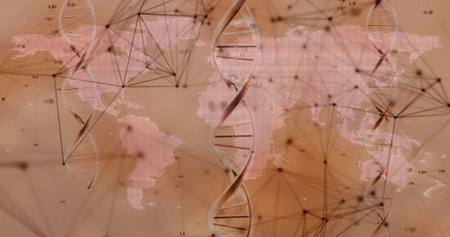 DNA strands and network connections image over world map background. Science, technology, genetics, biology, data, molecularの写真素材