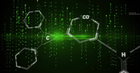 Chemical structure and binary code image over green background. Technology, digital, coding,...