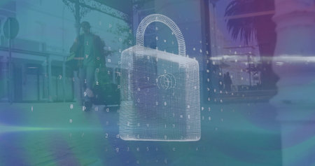 Image of data processing with padlock icon over diverse people walking on street. Global technology,...