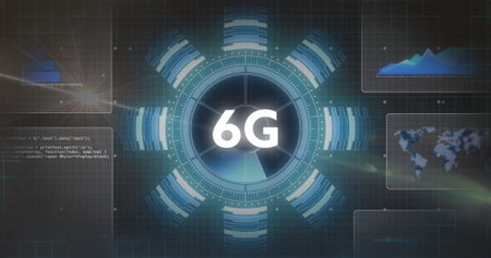 Image of 6g text over scanner and charts processing data on dark background. Connection, network, data, digital interface and communication, digitally generated image.の写真素材