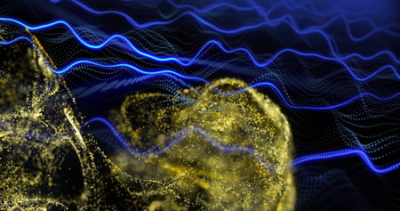 Golden particles forming abstract shape over blue wave image. motion, dynamic, fluid, digital, futuristic, technologyの写真素材