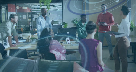 Image of scope and data processing over diverse business people in office. Global finance, business,...